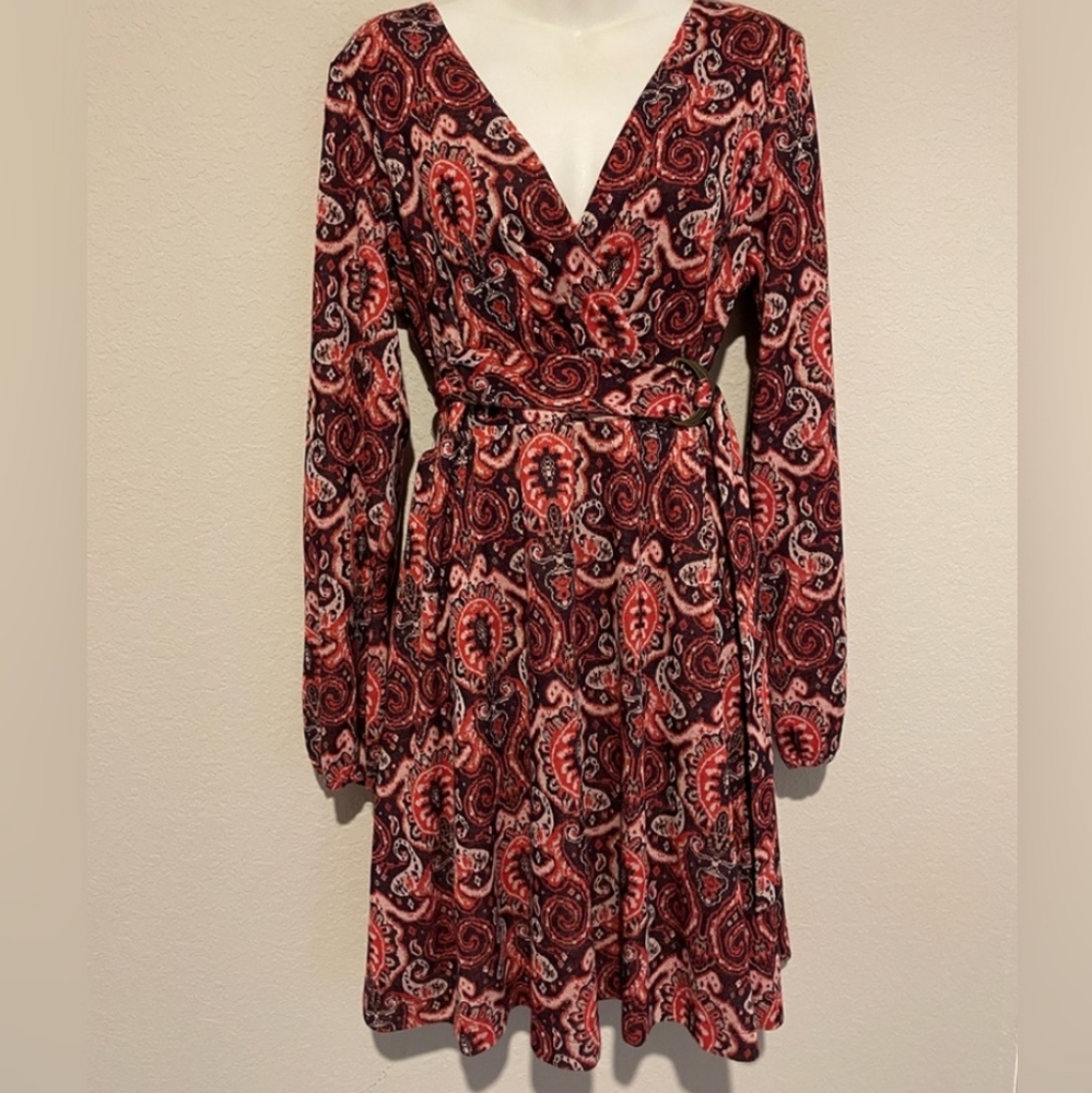 MAEVE by Anthropologie Dress Large Long Sleeve With Belt and Print Paisley